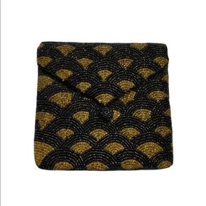 Vintage EUC Art Deco Black and Gold Beaded Shoulder Bag w/21” Beaded Strap